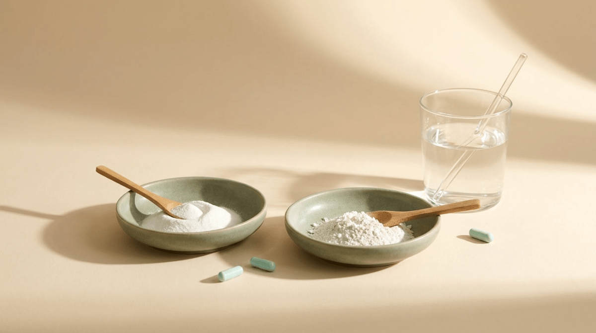 To skåle med magnesium i pulver- og kapselform, glas vand, neutral baggrund