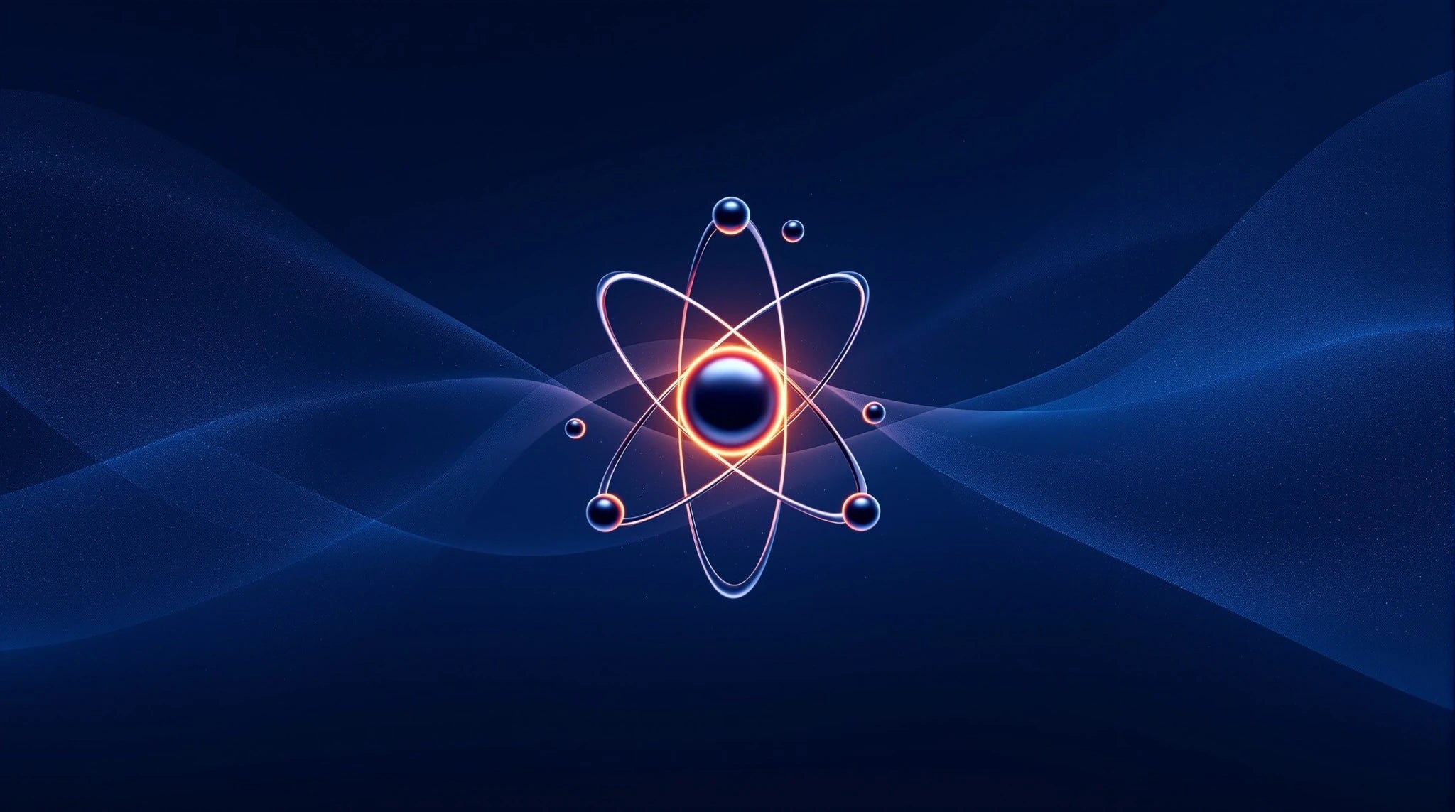 Illustration of an atom with wavy lines on a dark blue background