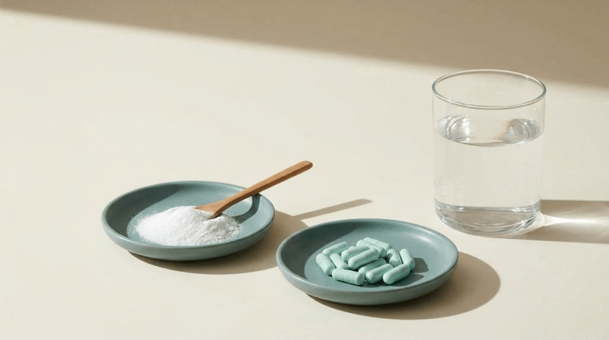 Tallerken med magnesiumpulver og tallerken med kapsler, dosis mod antal kapsler