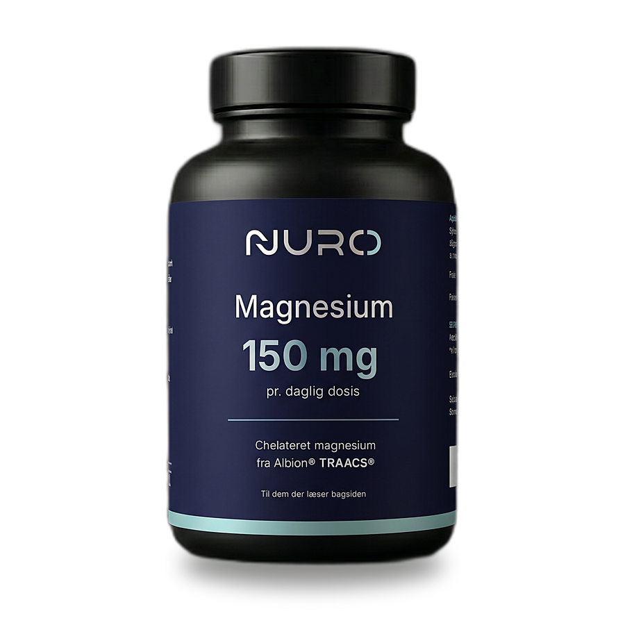 Hele Nuro Magnesium-flasken med sort etiket på lys baggrund