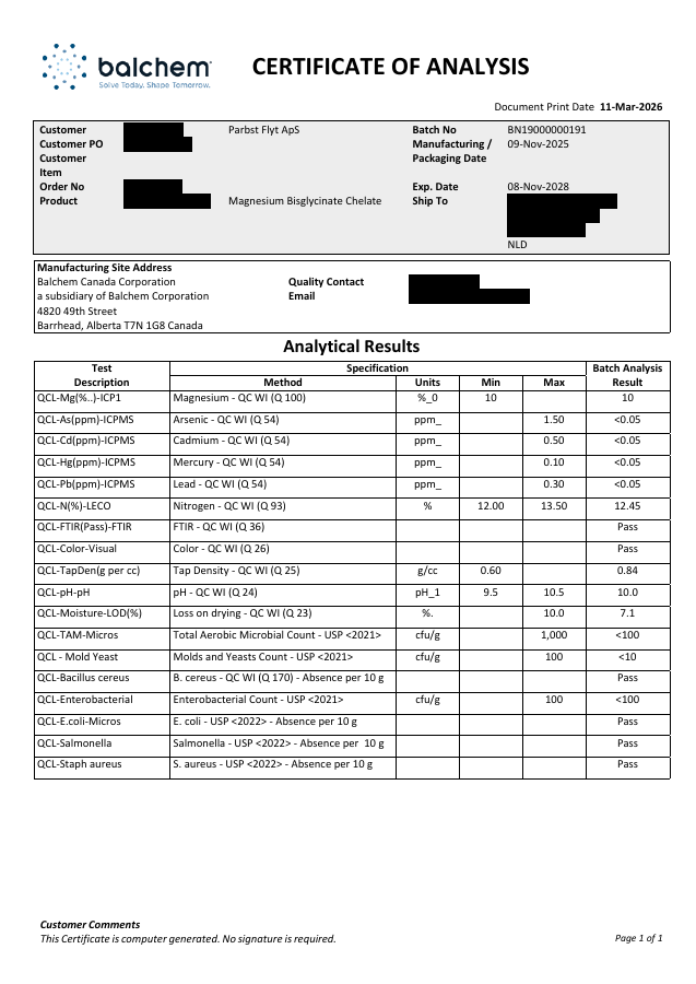 Nuros offentlige råvarecertifikat fra Balchem, batch BN19000000191. Person- og ordreoplysninger er sløret i den offentlige PDF.